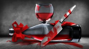 Still life: wine glass, wine bottle, bloody knife.
